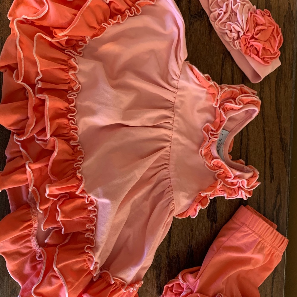 Cotton ruffle dress with leggings and headband